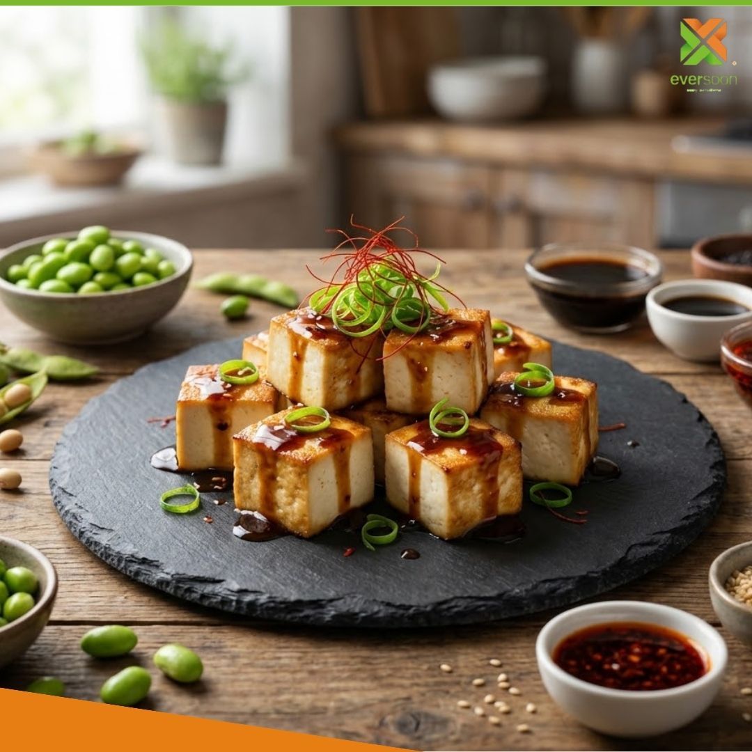 A gourmet plate of crispy golden-brown Tofu cubes drizzled with savory sauce and garnished with scallions. The dish is presented on a black stone platter surrounded by fresh edamame and dipping sauces, showcasing the culinary appeal of plant-based protein.